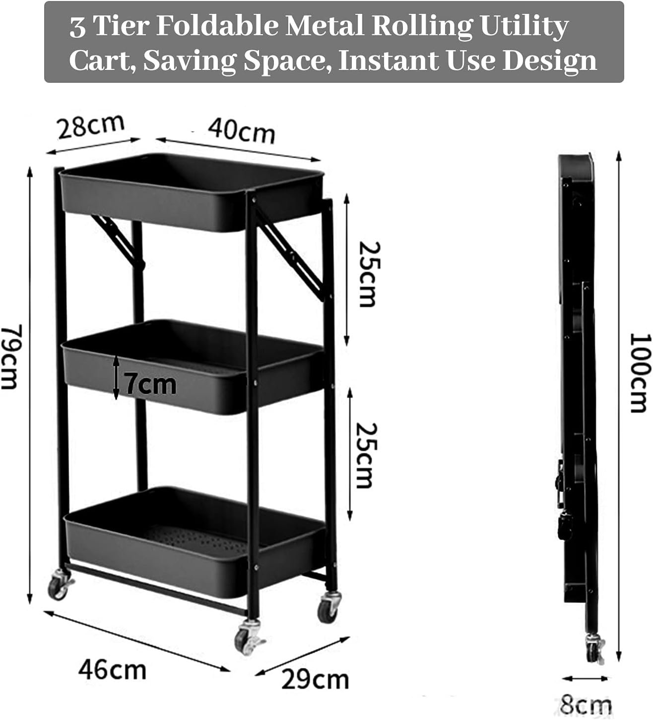 3-Tier Foldable Storage Cart with Wheels - Practical and Organized - Image 5