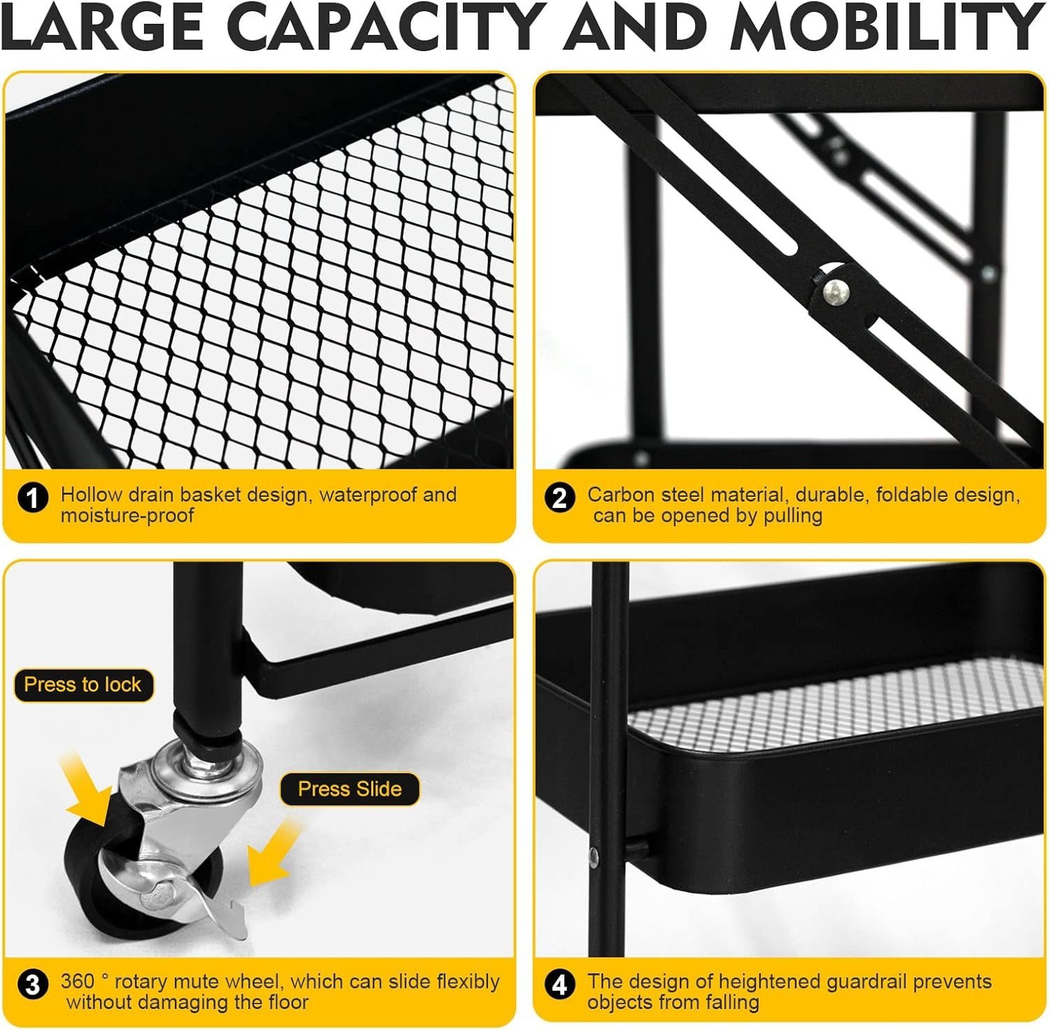 3-Tier Foldable Storage Cart with Wheels - Practical and Organized - Image 6