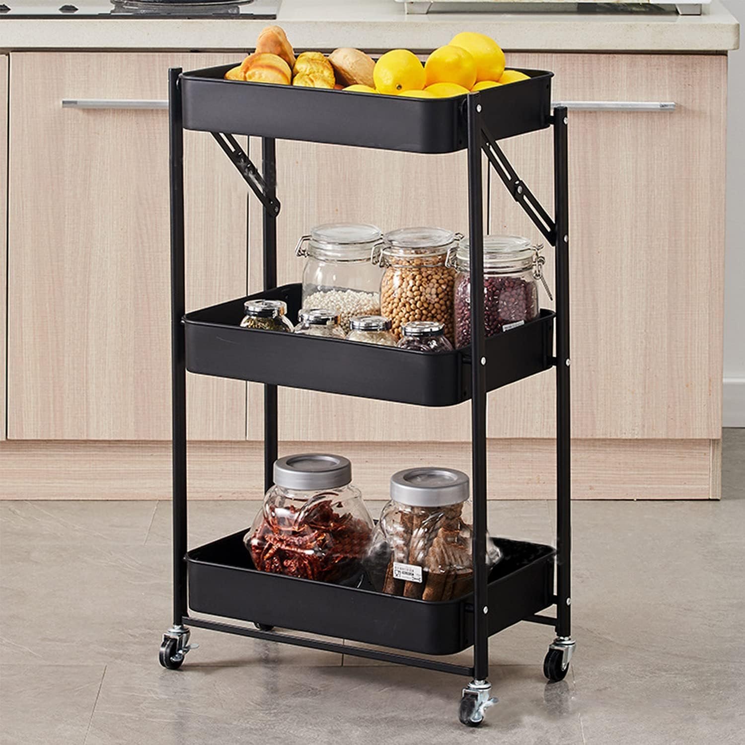 3-Tier Foldable Storage Cart with Wheels - Practical and Organized - Image 2