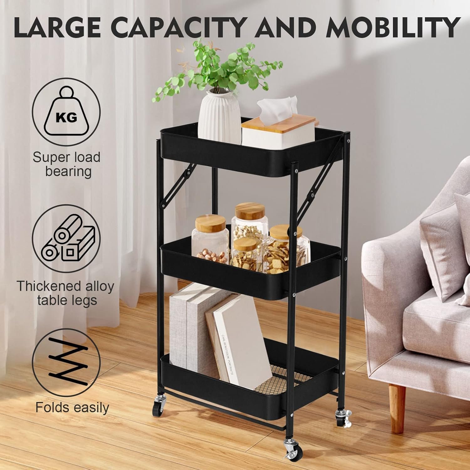 3-Tier Foldable Storage Cart with Wheels - Practical and Organized - Image 1