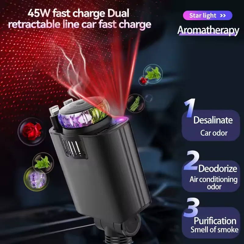 Multi-function 5 in 1 Star Skytop Car Charger Aromatherapy Spray Atmosphere Light Super Fast Charging Two Expansion Cables - Image 1